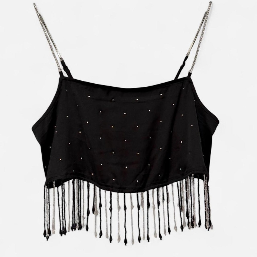 Urban Outfitters Rhinestone Beaded Fringe Satin Cami Black